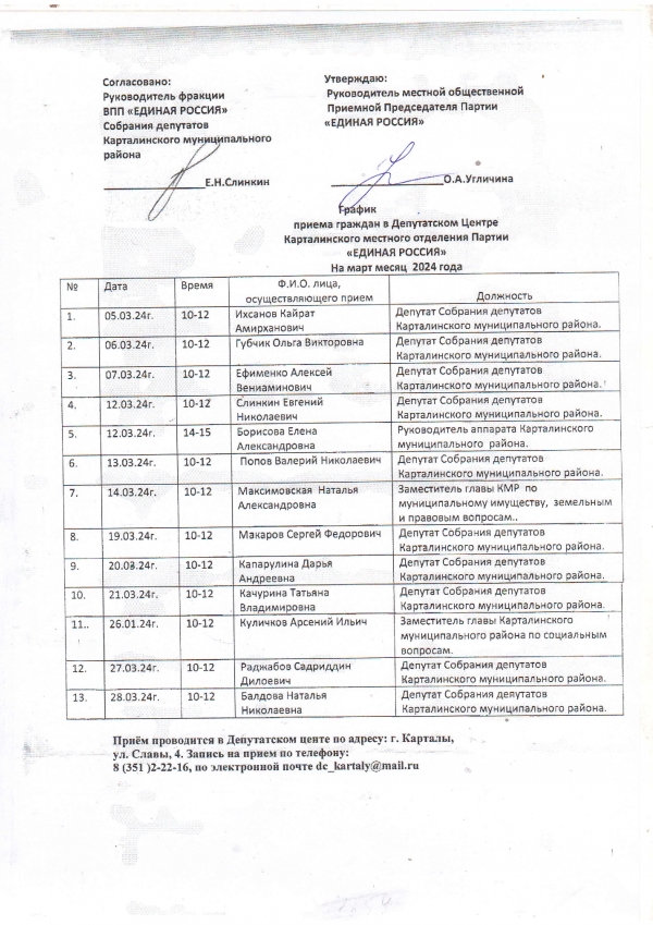 График приема граждан в Депутатском Центре Карталинского местного отделения Партии «ЕДИНАЯ РОССИЯ» на март месяц 2024 года
